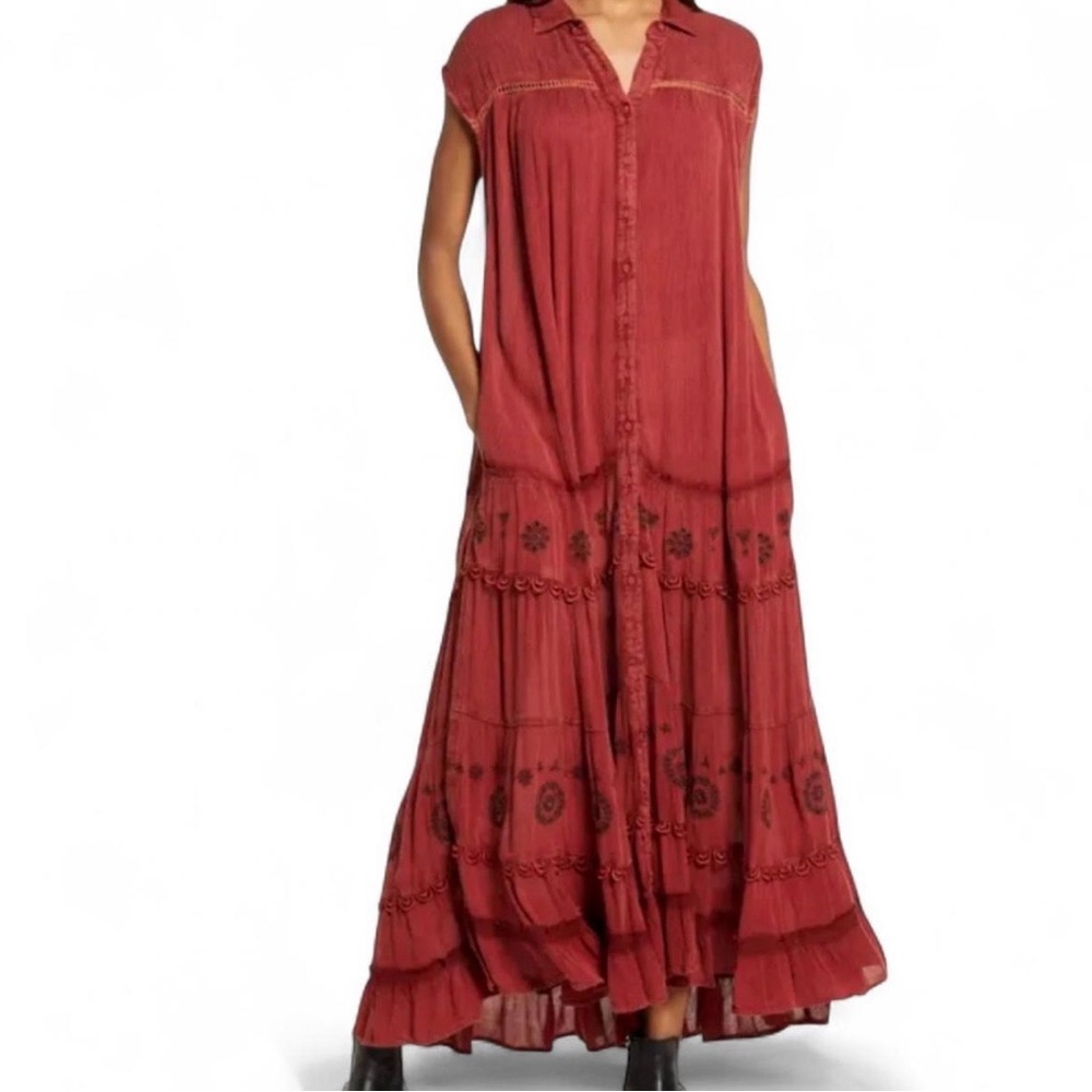 Free People Oversized Flowy Embroidered Maxi Dress – Red, XS (Fits Up to M)